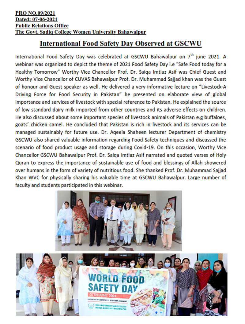 International Food Safety Day Observed at GSCWU