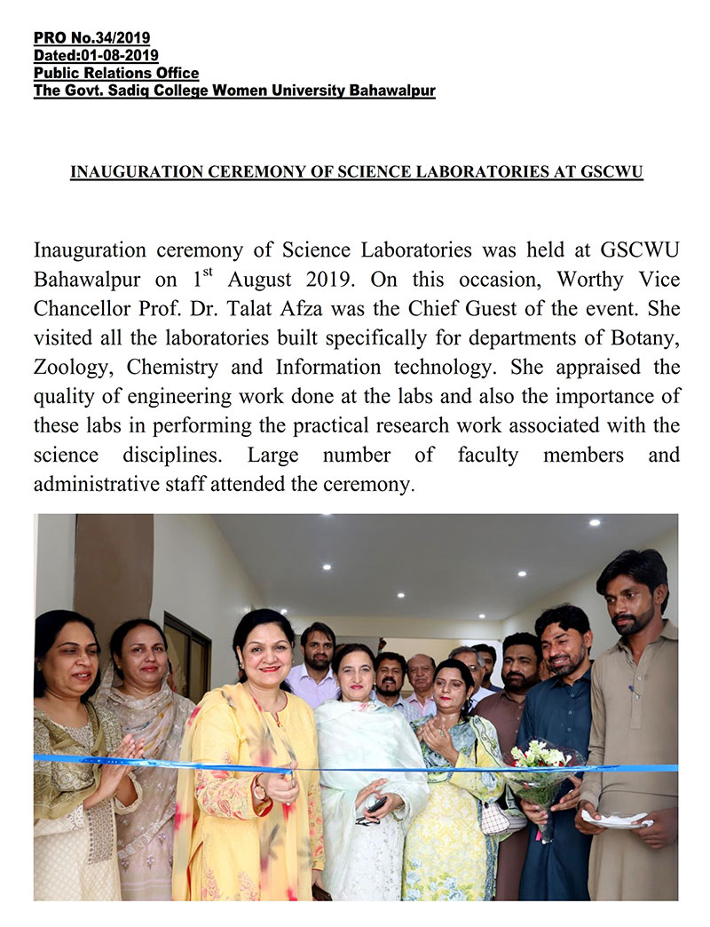 Inauguration Ceremony of Science Laboratories at GSCWU