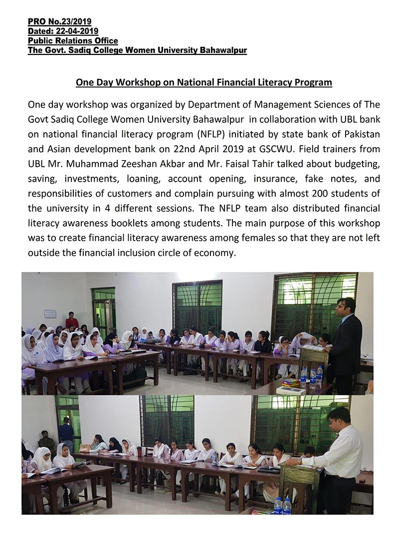One Day Workshop on National Financial Literacy Program