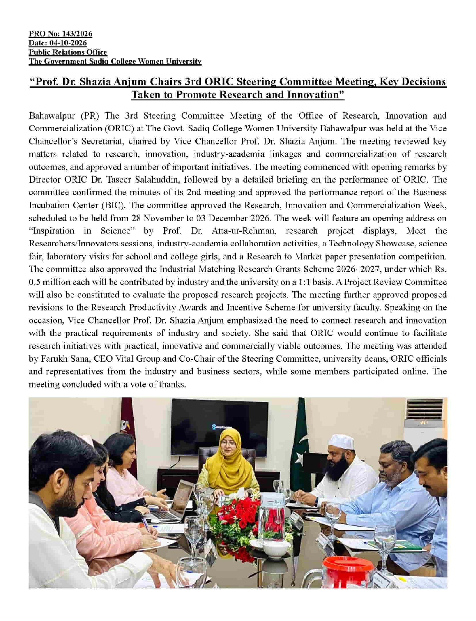 PRO NO.143 Prof. Dr. Shazia Anjum Chairs 3rd ORIC Steering Committee Meeting, Key Decisions Taken to Promote Research and Innovation.jpg