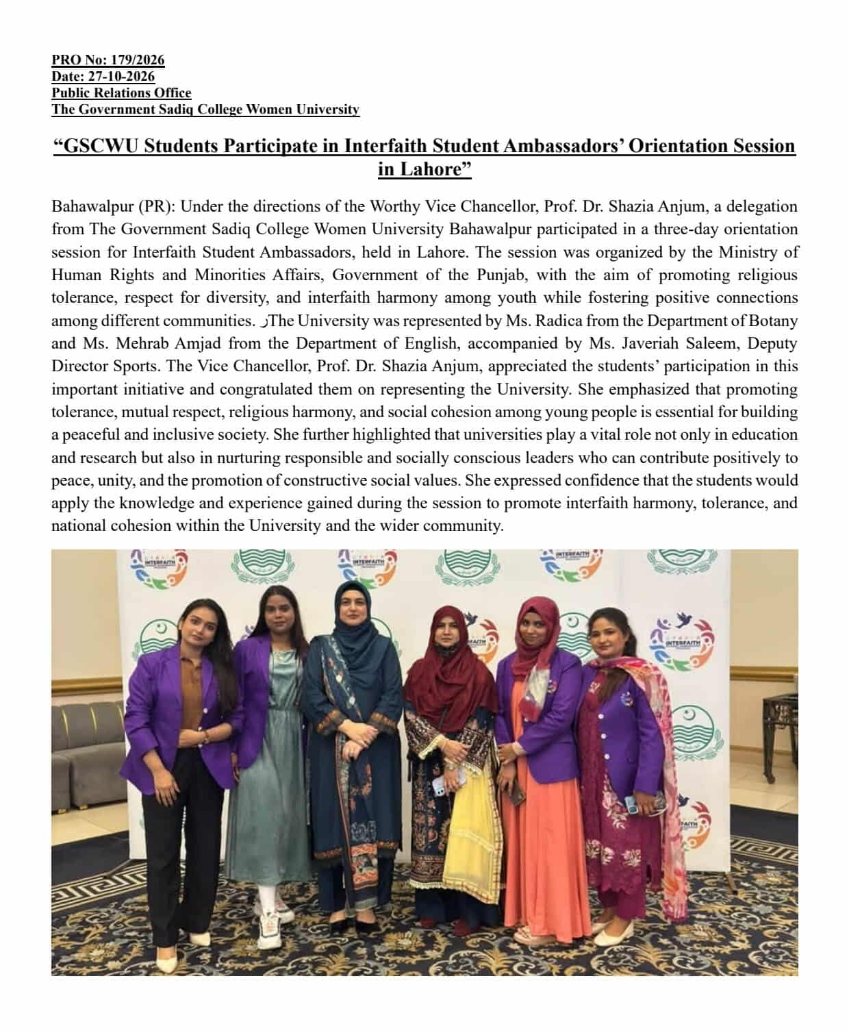 PRO NO.179 - GSCWU Students Participate in Interfaith Student Ambassadors’ Orientation Session in Lahore.jpg